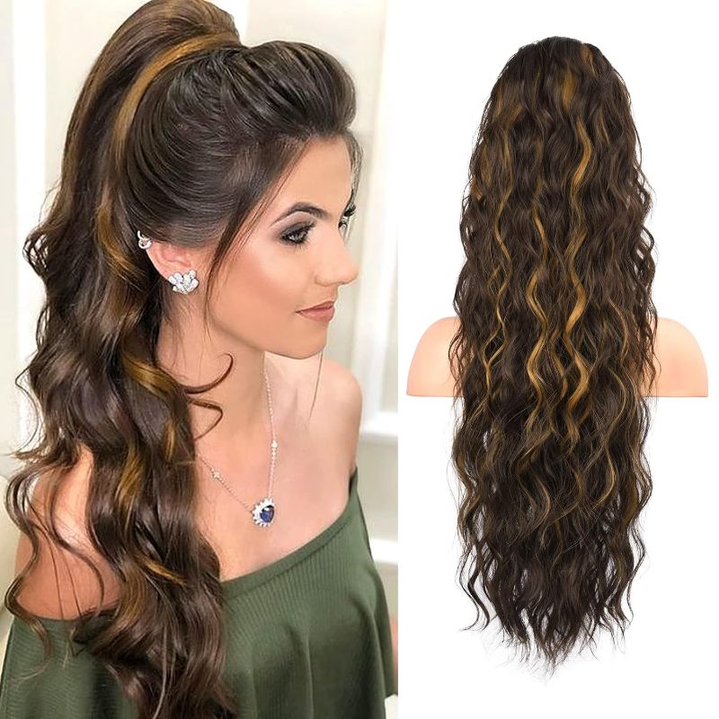 Photo 1 of FLUFYMOOZ Ponytail Extension, 26 Inch Drawstring Ponytail Hair Extensions for Women? Long Curly Wavy Ponytail Natural Synthetic Hairpiece for Women (26" Chestnut Brown with Highlights)
