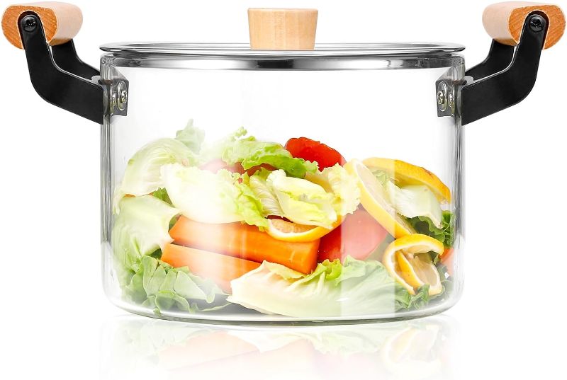 Photo 1 of 3.5 Qt Clear Glass Pot for Cooking on Stove, Big Glass Cooking Pot with Wooden Handle, Large Glass Simmer Pot for Stove Potpourri, Glass Frying Pot with Clear Lid for Boiling Pot 
