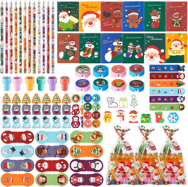 Photo 1 of Zhanmai 360 Pcs Christmas Stationery Party Favors Bulk Includes Christmas Pencil Mini Notebook Eraser Stamp Treat Bags Stickers Sticky Notes Sharpener Paper Clip Ruler for Kids Classroom Gift Exchange
