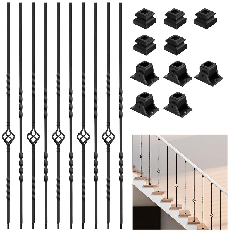 Photo 1 of 10 Pack Iron Balusters for Staircases and Decks-Decorative Metal Balusters with Hollow Single Baskets,Double Twists,1/2" Knuckles-Wrought Iron Spindles for Spiral Stair Railing-20 Fixed Swivel Shoes
