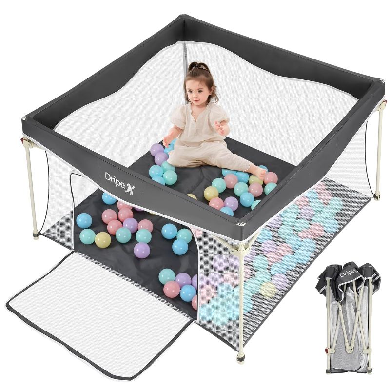 Photo 1 of Dripex Foldable Baby Playpen, 43"X43" Indoor & Outdoor Foldable Play Yard, Anti-Fall One-Step Folding Playpen with Mat, Baby Play Pen, Visible Collapsible Playpen for Babies and Toddlers, Anchor Grey
