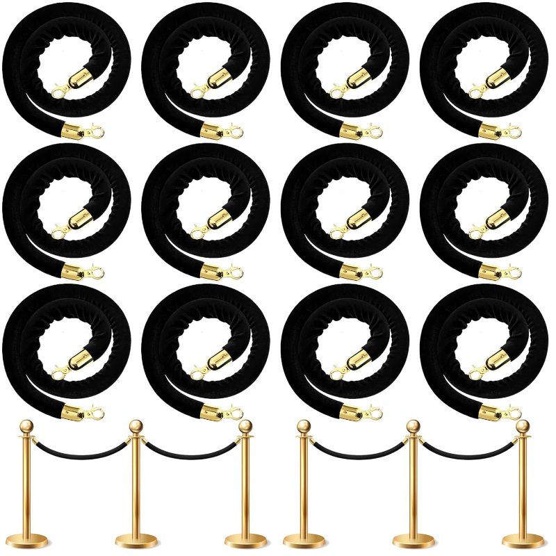 Photo 1 of 12 Pieces Velvet Stanchion Rope Bulk 5.25 Feet Crowd Control Barriers Safety Velvet Rope with Polished Gold Hooks for Movie Theaters Openings Hotels Carpet, Party, Not Include Stanchion Post (Black)
