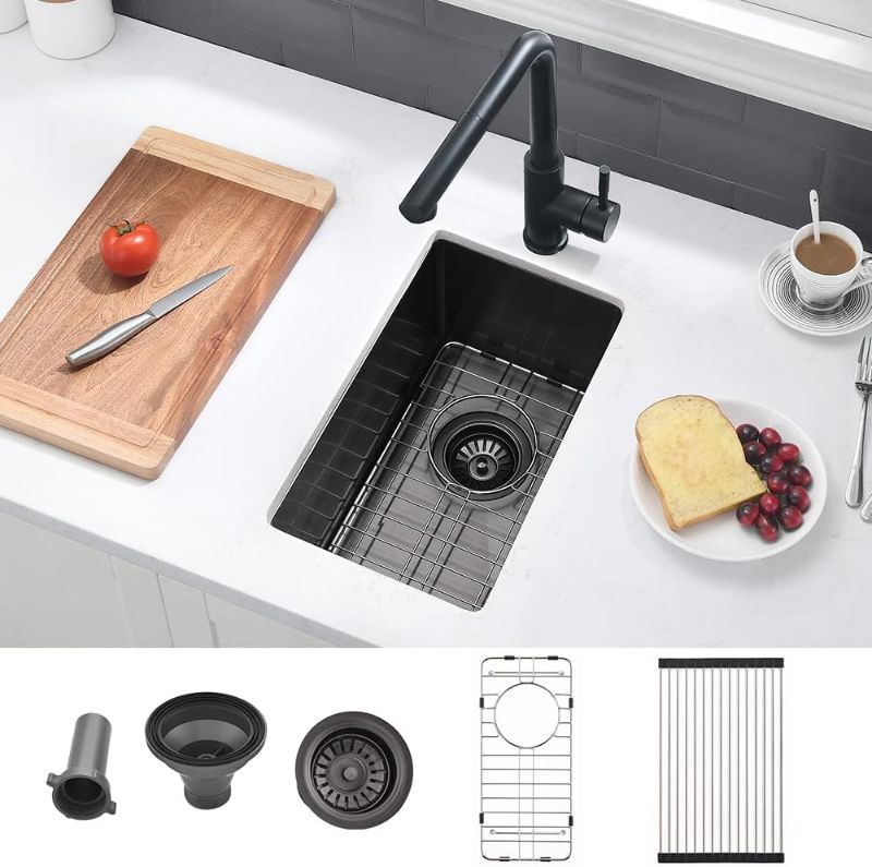 Photo 1 of 10 Inch Undermount Bar Sink Black - VASOYO 10"x18" Undermount Kitchen Sink Gunmetal Black Stainless Steel Wet Bar Prep RV Sink 16 Gauge Single Bowl Outdoor Undermount Bar Sink with Bottom Grid & Drain
