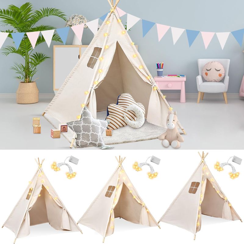 Photo 1 of 3 Set 71in Teepee Tents for Kids Cotton Canvas Play Tents with 10ft Star String Lights Indoor Outdoor Teepee Play Tents Foldable Kids Tipi Tents for Girls Boys(White, Ridge)

*NOT EXACT PICTURE*