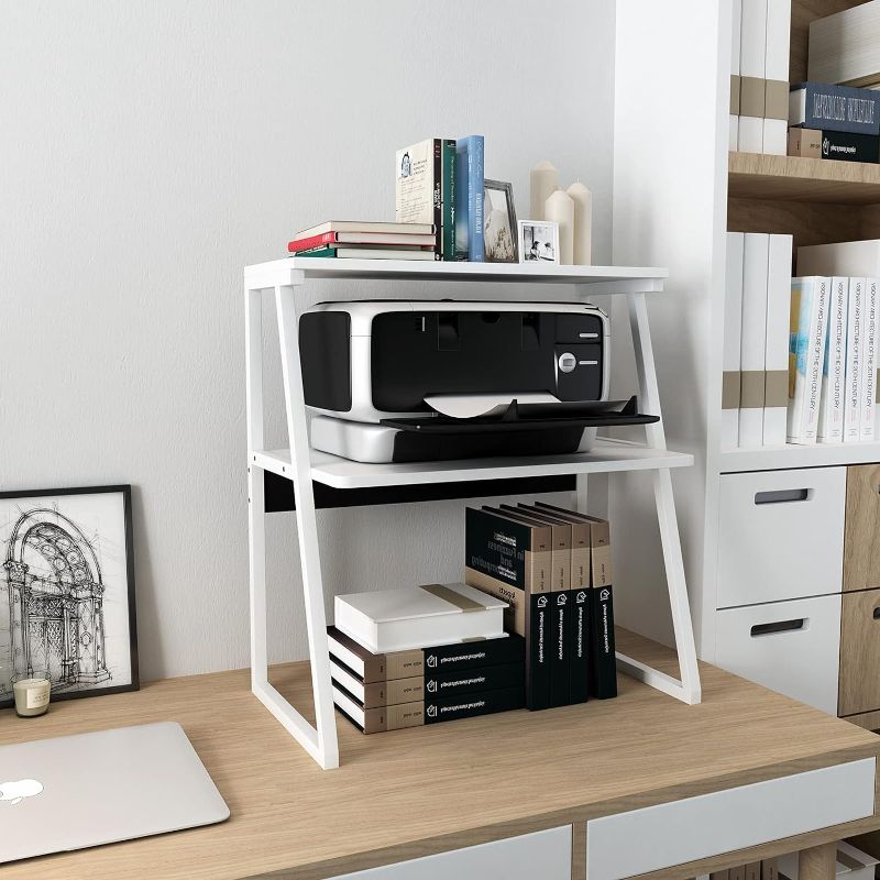 Photo 1 of PUNCIA Desktop Printer Stand 3-Tier Large Size High Capacity Storage Shelves Multi-Purpose Desk Office Organization and Storage for Printer Fax Book Heavy Duty Rack for Home Office Supplies(White)
