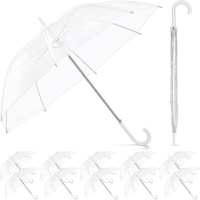 Photo 1 of Reginary 12 Pack Clear Umbrella Wedding Style Stick Umbrellas Large Canopy Windproof Transparent Stick Umbrellas Wedding Rain Transparent Umbrellas Bulk Auto Open J Hook Handle
