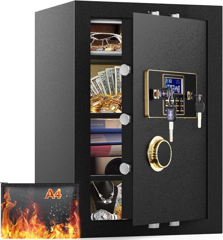 Photo 1 of 2.7 Cuft Extra Large Safe Box Fireproof Waterproof with Fireproof Document Bag, 2 Removable Shelf, Lock Box Cabinet, Anti-Theft LCD Digital Security Home Fire Safe for Money Firearm Medicines