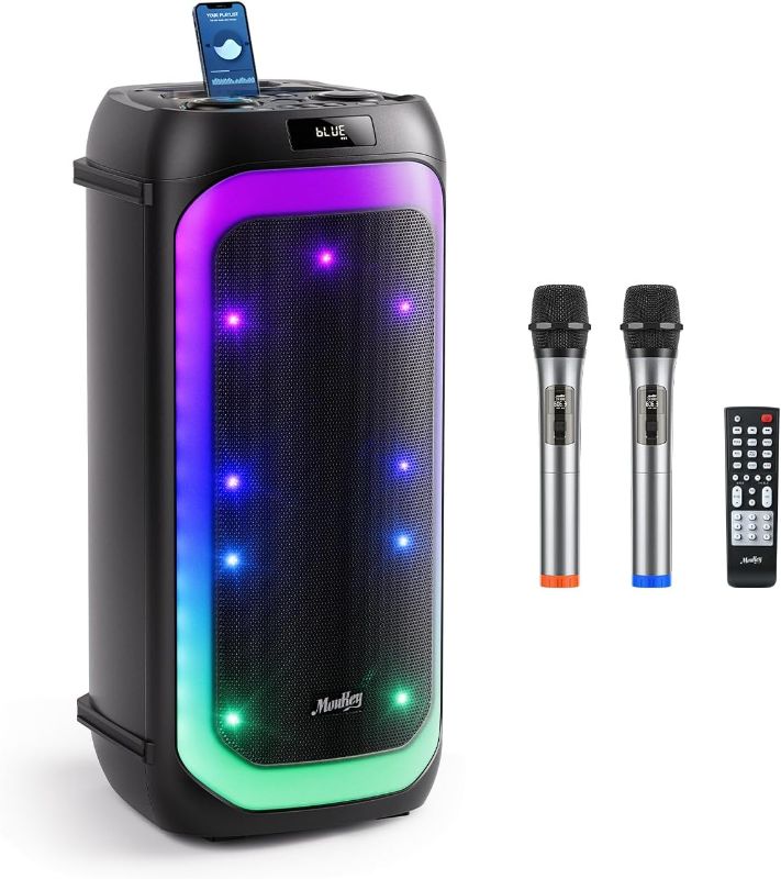 Photo 1 of Moukey Karaoke Machine for Adults, Dual 6.5" Woofer Party Speaker with Disco Lights & 2 UHF Wireless Microphones, Portable Bluetooth PA System with Echo Adjustment, Support TWS/AUX/USB/TF/FM, MHs265-1
