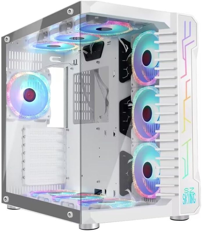 Photo 1 of SZSKYING Gaming PC Case Airflow,Computer Game Mid Tower 3.0 USB,Tempered Glass Panel,pc ATX case with 10PCS ARGB Fans,Control Remote,White.
