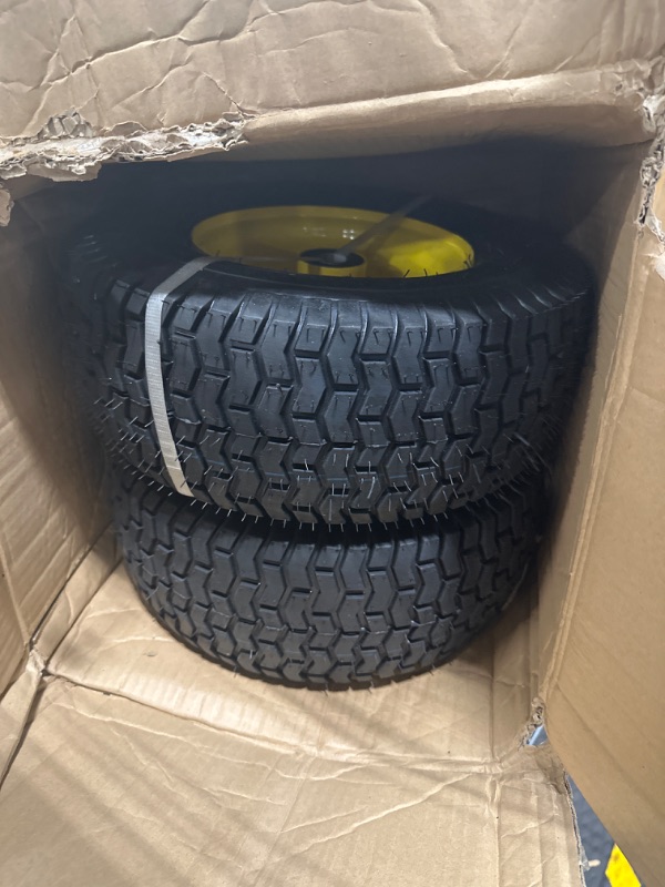 Photo 3 of MaxAuto 2Pcs 16x6.50-8 Tire and wheel for Lawn Riding Mowers Garden Tractors, 4" Centered Hub with 1" Axle Bore,Yellow Rim