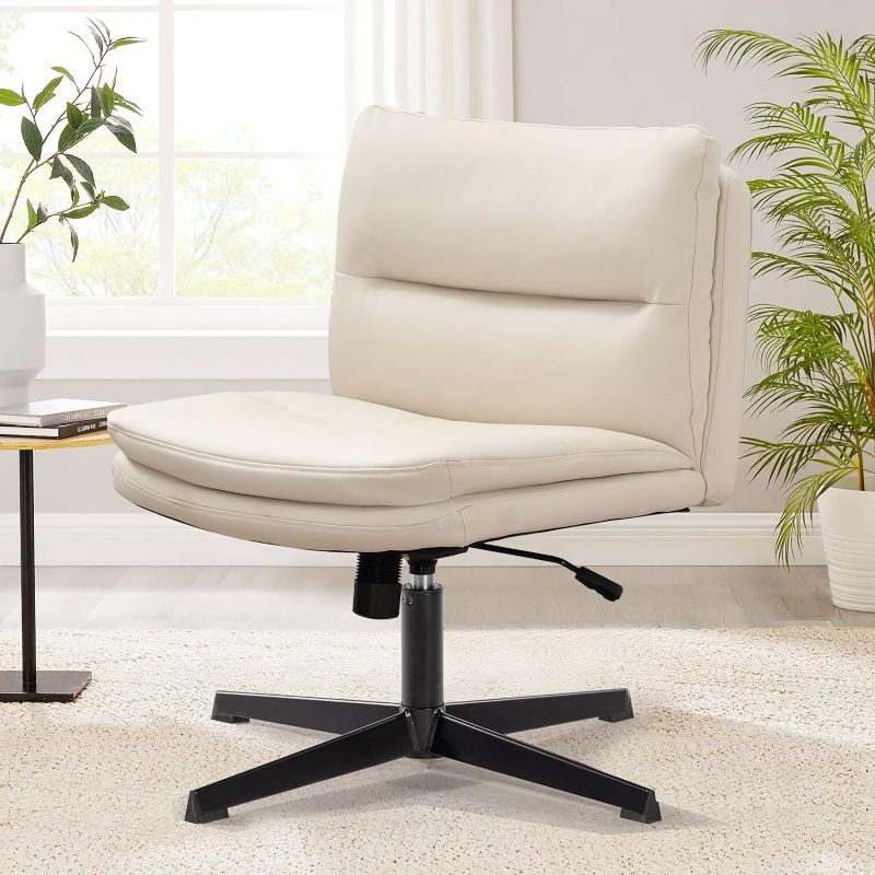 Photo 1 of Bosmiller Armless Desk Chair No Wheels Office Chair, PU Padded Wide Seat Home Office Chairs, 120° Rocking Mid Back Cute Computer Chair Swivel Chair for Bedroom, Vanity, Makeup
