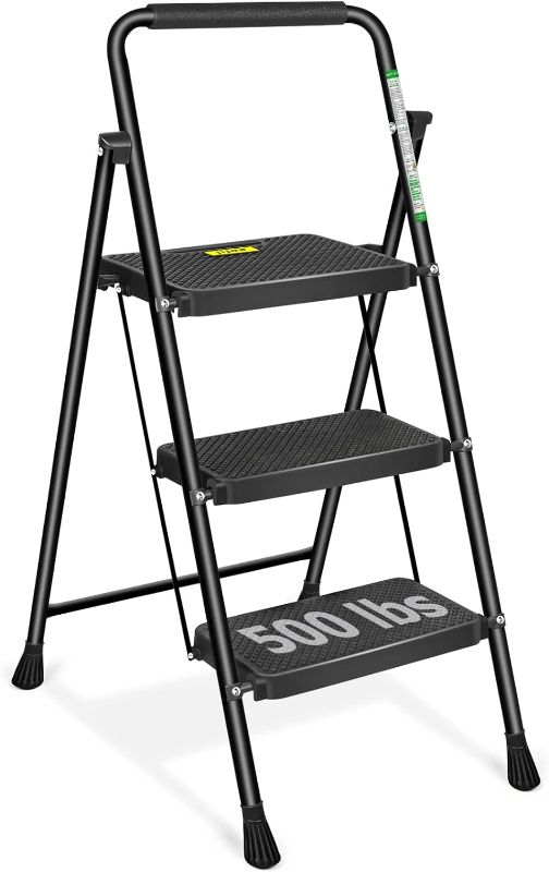 Photo 1 of 3 Step Ladder Folding Step Stool with Wide Anti-Slip Pedals and Comfort Handgrip for Kitchen Household and Office, Lightweight Capacity 500lbs Sturdy Step Ladder?Black?
