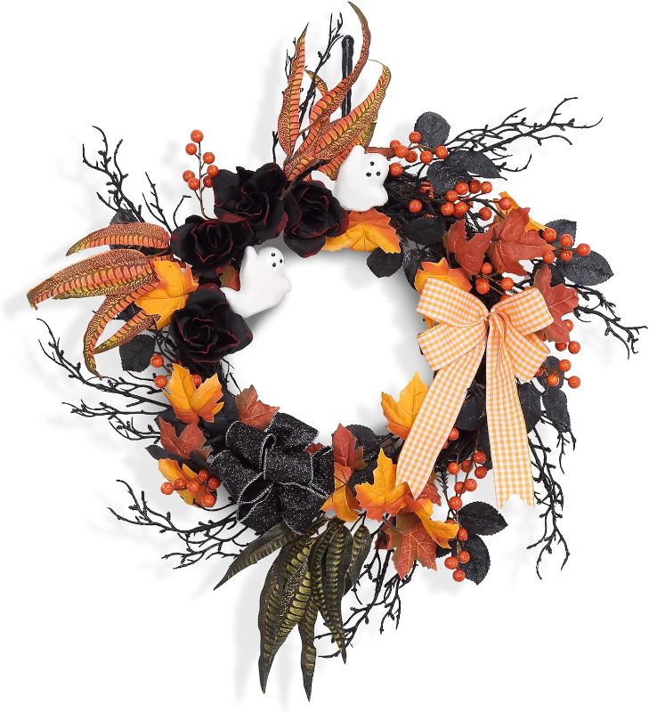 Photo 1 of Adeeing 26 Inch Halloween Wreaths for Front Door, Halloween Decorations Halloween Ghost Wreath with Feathers Artificial Black Rose and Ribbon for Indoor Outdoor Home Party Decor