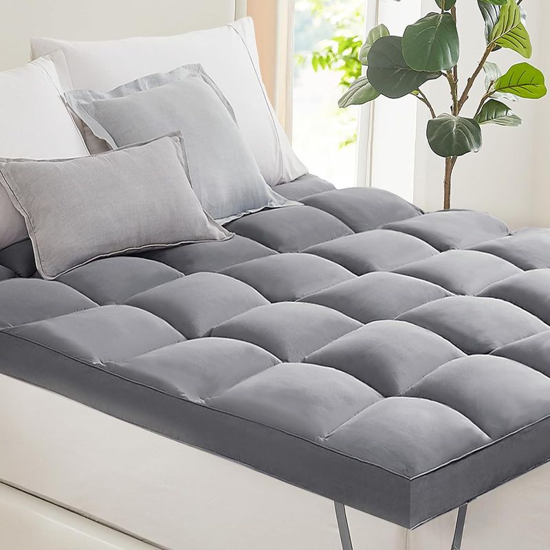 Photo 1 of Timimi Mattress Topper Queen - Cooling Pillow Top Size Extra Thick Plush Bed Down Alternative Overfilled Soft Pad for Back Pain Grey Queen(80''x60'')
