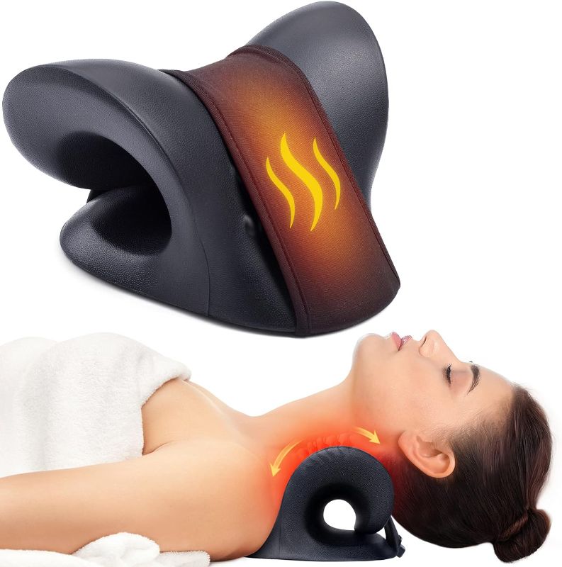 Photo 1 of Neck Stretcher for Neck Pain Relief, Heated Cervical Traction Device Pillow with Graphene Heating Pad, Neck and Shoulder Relaxer for TMJ Pain Relief and Cervical Spine Alignment(Black)
