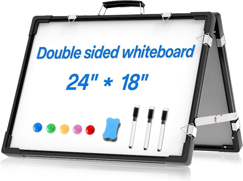 Photo 1 of Whiteboard Dry Erase Boards, Portable White Board Double Sided Magnetic Board Stand,Foldable Hanging Wall Desktop Boards Easel for Kids Students Teacher for School Home Kitchen Office 24x18 Inch