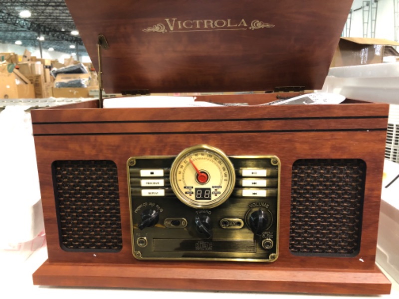 Photo 3 of Victrola Nostalgic 6-in-1 Bluetooth Record Player & Multimedia Center with Built-in Speakers - 3-Speed Turntable, CD & Cassette Player, FM Radio | Wireless Music Streaming | Mahogany Mahogany Entertainment Center