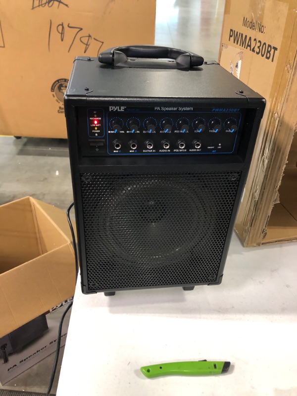 Photo 1 of Pyle Wireless Portable PA System-400W Bluetooth Compatible Rechargeable Battery Powered Outdoor Sound Stereo Speaker Microphone Set w/Handle, Wheels-1/4 to AUX, RCA Cable (PWMA230BT)