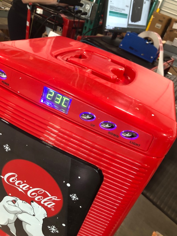 Photo 4 of Coca-Cola Polar Bear 28 Can Cooler/Warmer w/ 12V DC and 110V AC Cords, 25L (28 qt) Portable Mini Fridge w/Display Window, Travel Refrigerator for Snacks Lunch Drinks, Desk Home Office Dorm, Red
