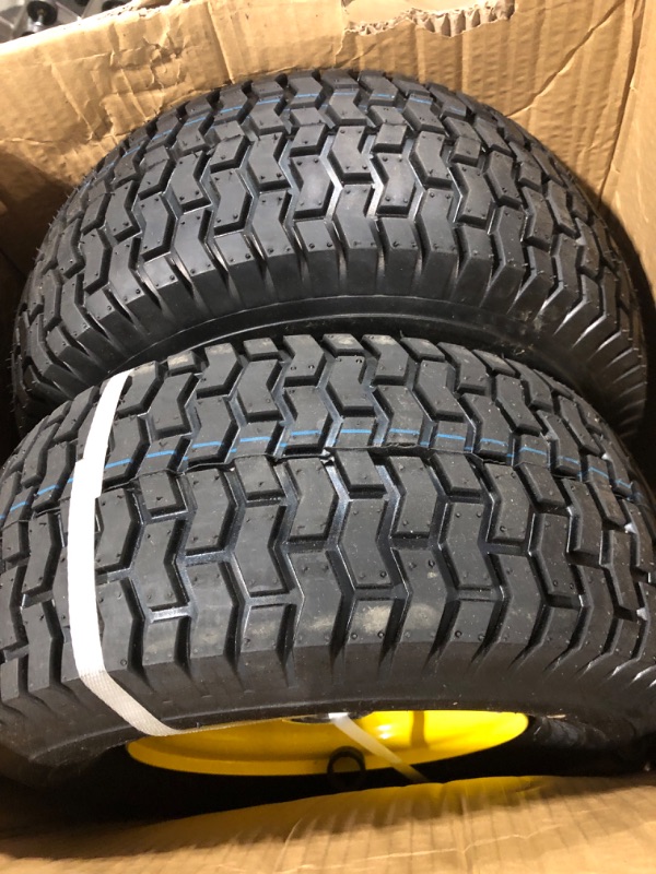 Photo 1 of MaxAuto 2Pcs 16x6.50-8 Tire and wheel for Lawn Riding Mowers Garden Tractors, 4" Centered Hub with 1" Axle Bore,Yellow Rim