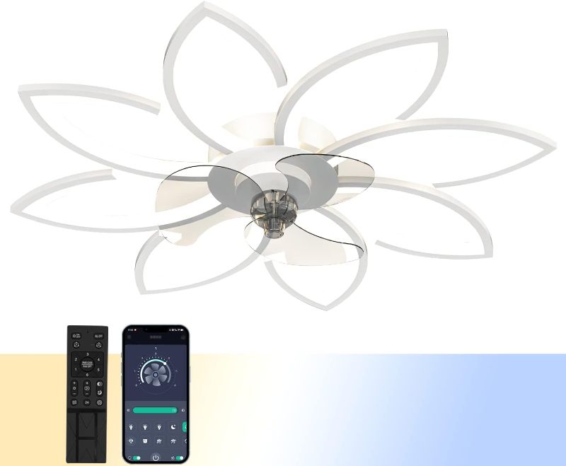 Photo 1 of Pitosar 35.43" Modern Ceiling Fans with Lights with Remote APP Control, Adjustable Brightness LED Flush Mount Ceiling Lights for Living Room, Bedroom, White