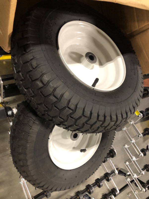 Photo 3 of (2-Pack) 16x6.50-8 Pneumatic Tires on Rim - Universal Fit Riding Mower and Yard Tractor Wheels - With Chevron Turf Treads - 3” Centered Hub and 3/4” Bushings - 615 lbs Max Weight Capacity