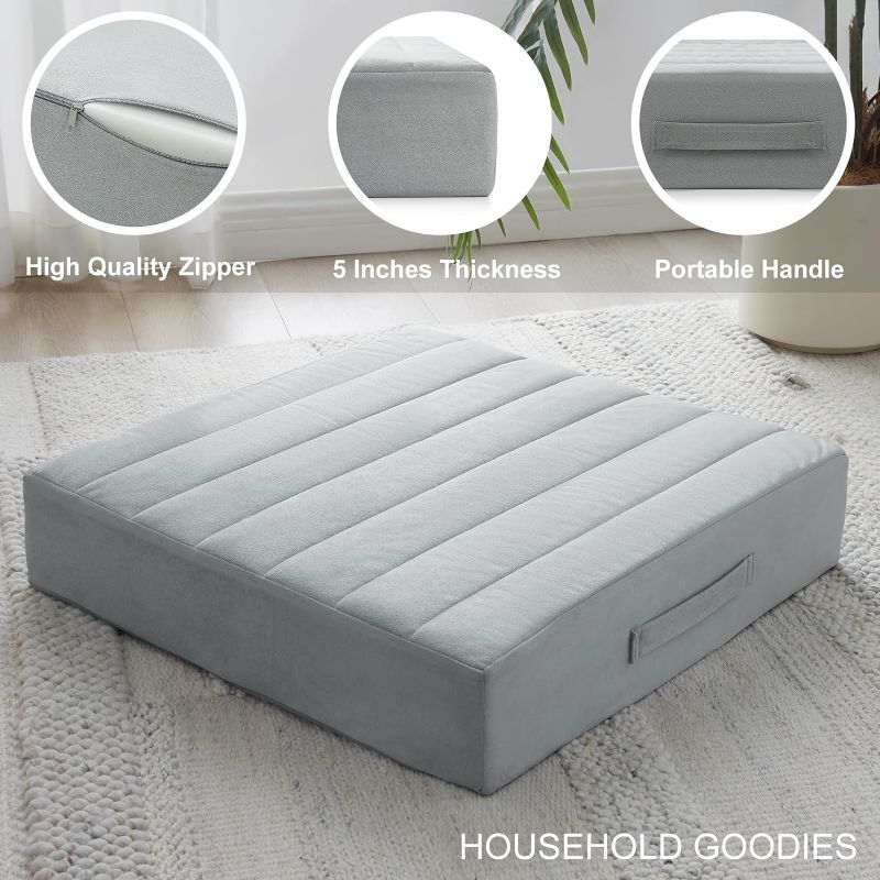 Photo 1 of  High Density Foam Floor Pillow - Upgraded Large Pillows Seating for Adults - Outdoor Floor Cushion with Soft Tufted Cover - Yoga Pillows for Sitting On Floor - 22 Inch Light Gray