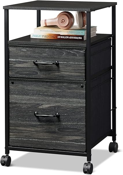 Photo 1 of DEVAISE 2 Drawer Mobile File Cabinet, Rolling Printer Stand with Open Storage Shelf, Fabric Vertical Filing Cabinet fits A4 or Letter Size for Home Office, Charcoal Black Wood Grain Print