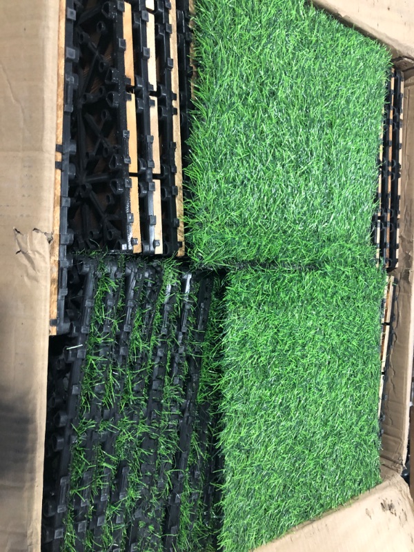 Photo 2 of 48 Pcs Hardwood Interlocking Patio Deck Tile and Artificial Grass Tile Waterproof Wood Flooring Tile Interlocking Turf Tile Outdoor Self Draining Tile for Balcony Garden Patio Lawn, 12x12 in