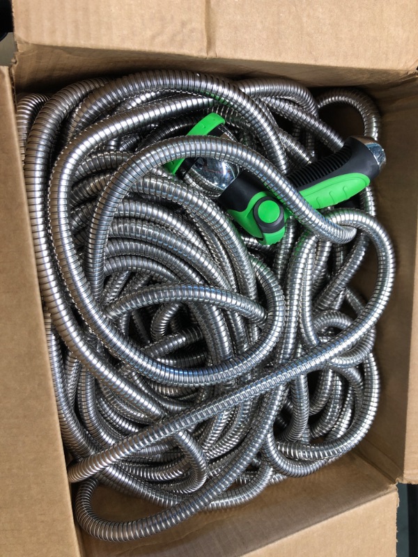Photo 1 of 360Gadget Garden Hose - Water Hose 50 FT with Swivel Handle & 8 Function Nozzle, Flexible, Heavy Duty, No Kink, Lightweight Metal Hose for Outdoor, Yard, 304 Stainless Steel 50 FT Hose+Nozzle