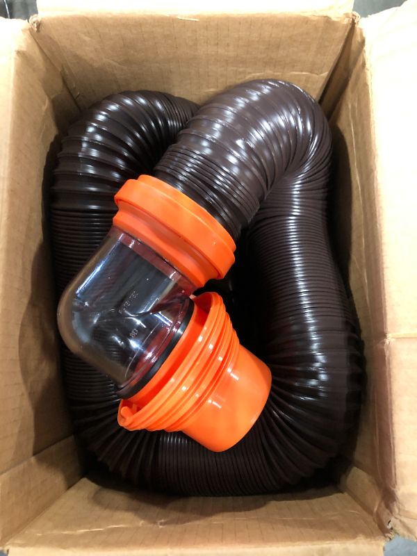 Photo 4 of Camco RhinoFLEX RV Sewer Hose Kit with Swivel Transparent Elbow and 4-in-1 Dump Station Fitting, Brown, 15 Feet (39770) 15ft Sewer Hose Kit Frustration-Free Packaging