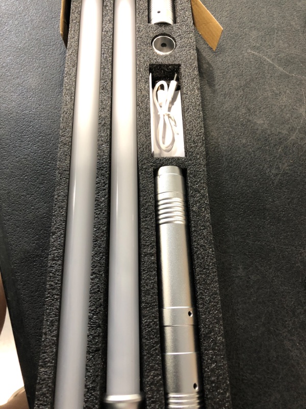 Photo 1 of Lukidy 2Pack Lightsaber Metal Hilt 12 Colors,Battery Rechargable 2-in-1 Double-Bladed FX Dueling Light Saber Costume Toy for Kids 3 Sound Mode Force FX Light Sword Forge(Silver)