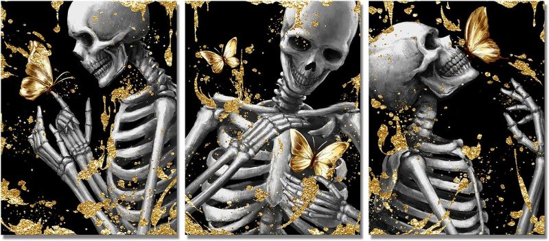 Photo 1 of 3 Pieces Black and Gold Skeleton Canvas Wall Art Golden Animal Butterfly Pictures Framed Ready to Hang 16X24