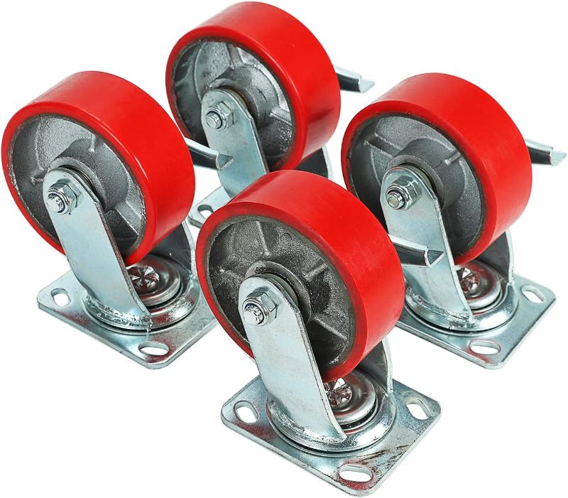 Photo 1 of 5" X 2" Swivel Casters Polyurethane Wheels, Casters Set of 4 Heavy Duty Wheels on Steel Hub with Top Lock Brake, for Toolbox Workbench (1100 lbs Load Capacity Each Per Caster - 4400 lbs Per Set of 4) 5" X 2" Red