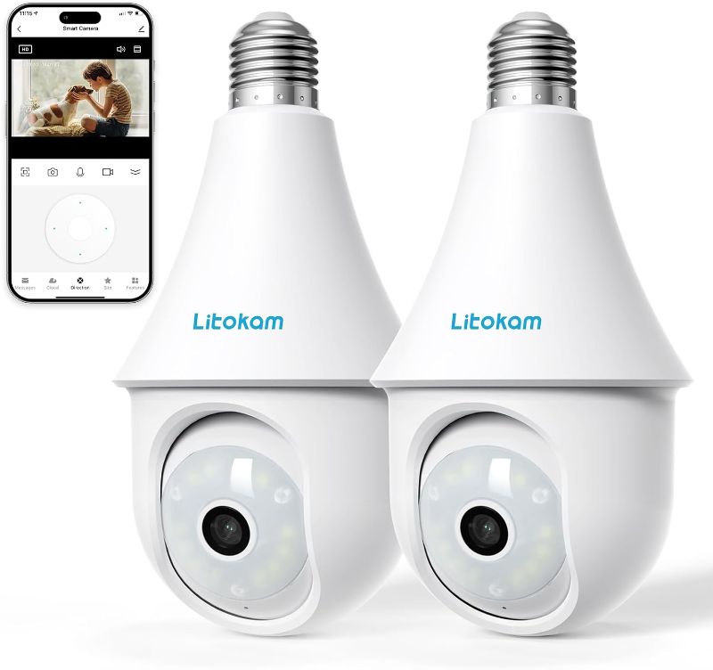 Photo 1 of 4MP Light Bulb Security Camera 2.4G, litokam 2.5K Security Camera Wireless Outdoor/Indoor, 360° WiFi Security Camera for Home with Color Night Version, AI Motion Detection, No Monthly Fee, 2 Way Audio