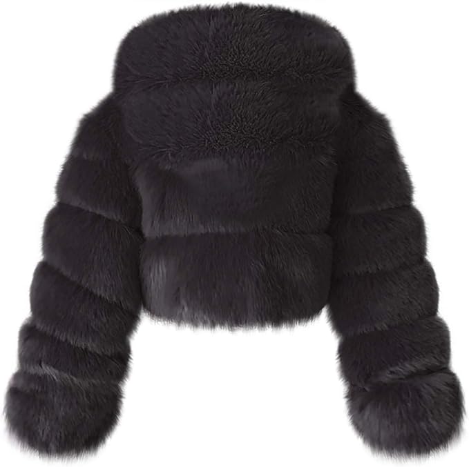 Photo 1 of Womens Faux Fur Coat Jacket Open Front Crop Tops Solid Color Shaggy Hooded Cardigan Long Sleeve Fashion Warm Outwear Memela