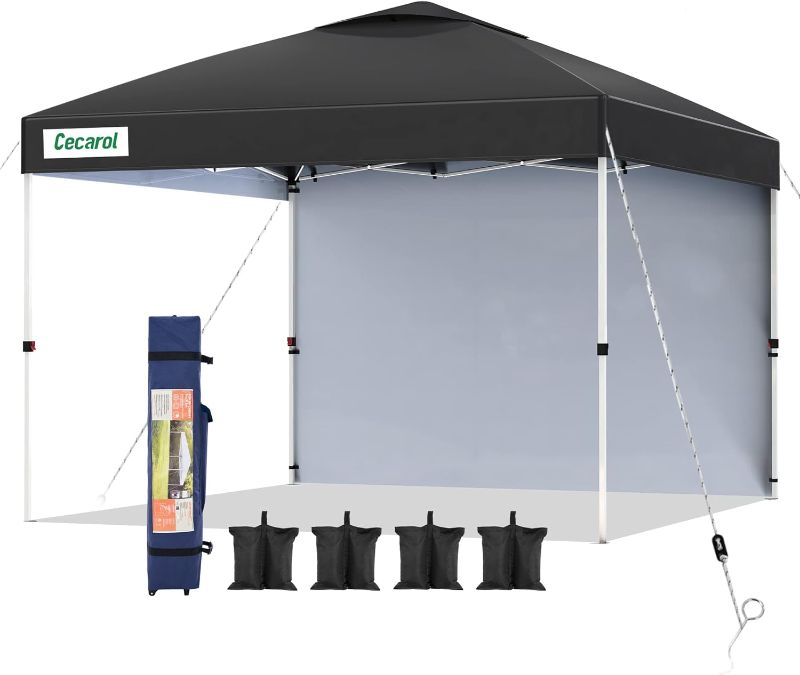 Photo 1 of 
Cecarol S10 Pro 10x10 Pop Up Canopy Tent, Easy Setup Outdoor Instant Shelter for Patio, Exhibition, Picnic, Lightweight Canopy with 1 Removable Sidewall, 4 Sand Bags, 1 Roller Bag (Black)
