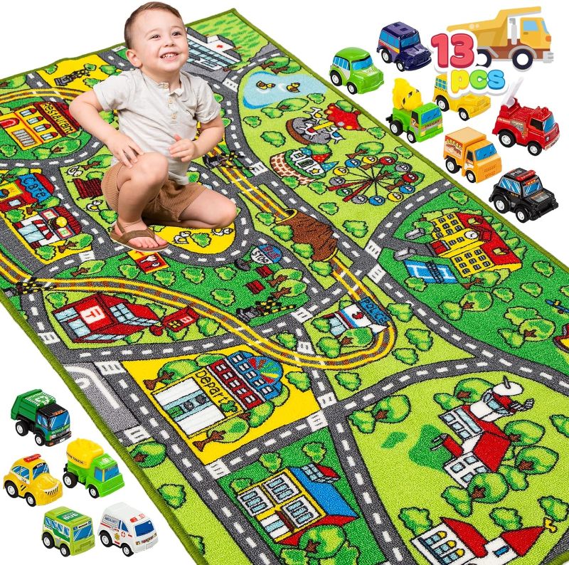 Photo 1 of JOYIN Carpet Playmat w/ 12 Cars Pull-Back Vehicle Set for Kids Age 3+, Jumbo Play Room Rug, City Pretend Play
