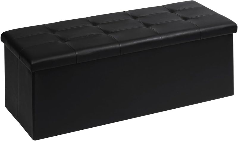 Photo 1 of 
PINPLUS Folding Storage Ottoman Bench, Black Faux Leather Long Storage Chest with Tray, Shoes Bench, Footrest Seat, Blanket Storage for Living Room Bedroom