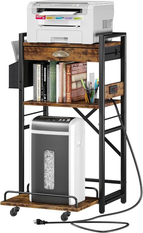 Photo 1 of Printer Stand with Storage Drawer,Large Tall Printer Table with Power Outlet,Side Pocket and Adjustable Shelf for Home Office,Stand Cart for Computer PC Tower CPU Shredder,Rustic Brown