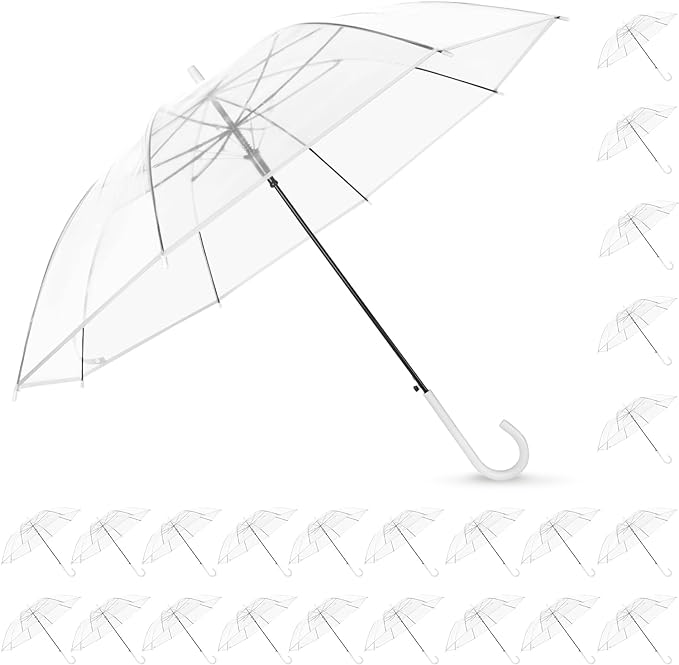 Photo 1 of Trenovo 13 Pieces Clear Umbrella, Wedding Style Auto Open Stick Umbrella, Large Canopy J Hook Handle Transparent Umbrella Bulk for Bride Groom Photography Rain Ceremony