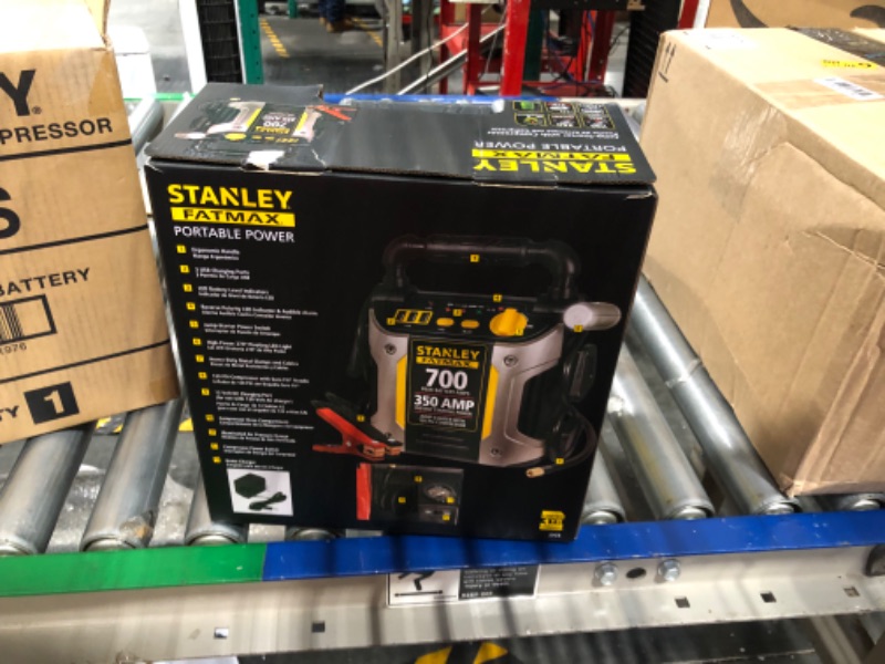 Photo 3 of STANLEY FATMAX J7CS Portable Power Station Jump Starter: 700 Peak/350 Instant Amps, 120 PSI Air Compressor, 3.1A USB Ports, Battery Clamps