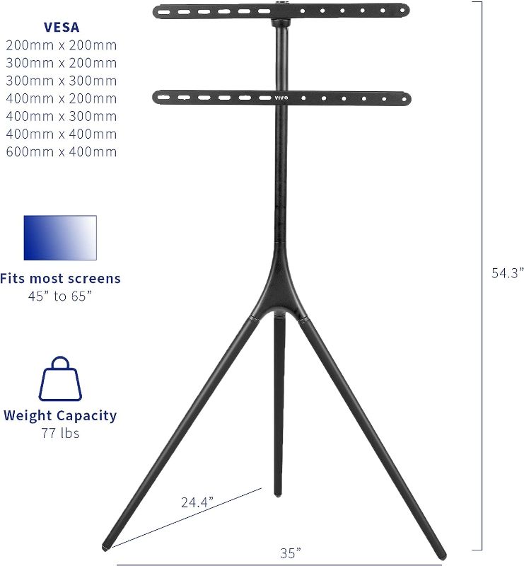 Photo 1 of PUTORSEN Easel TV Stand with Solid Tripod Base for 45 to 65 Inch LED LCD Screens, Portable Studio TV Easel Stand with Felt Tray, Height Adjustable TV Mount Stand with Swivel, Max Load 100lbs, Black