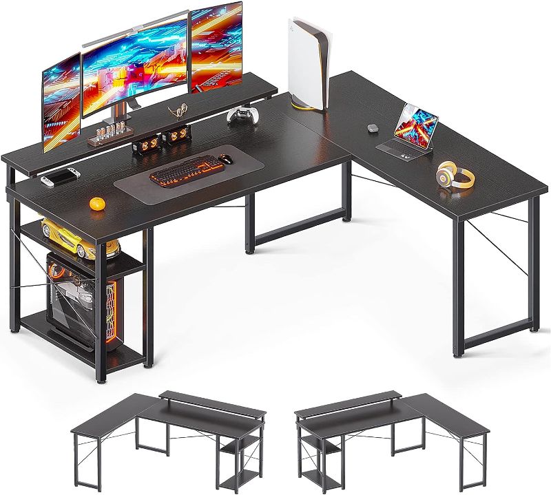 Photo 1 of ODK L Shaped Gaming Desk, 53'' Corner Computer Desk with Monitor Stand & Storage Shelf, Sturdy Home Office Work Writing Table, Black