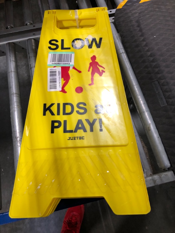 Photo 2 of Juztec Slow Children Playing Sign For Street, Caution Kids At Play Sign, Down traffic Safety signs outdoor (3 Pack) Yellow