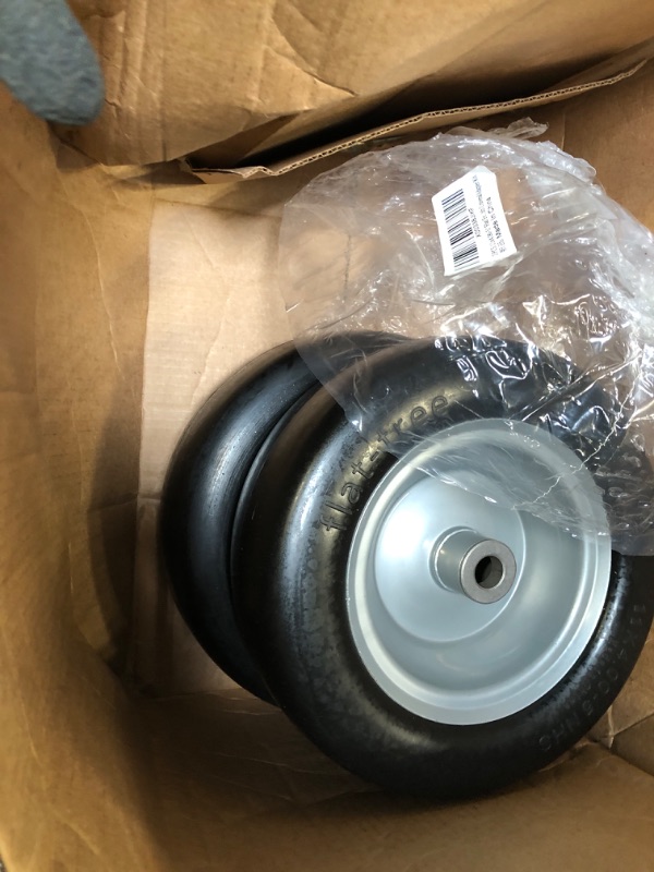 Photo 2 of 2 PCS 11x4.00-5" Flat Free Lawn Mower Tire on Wheel, 3/4" or 5/8" Bushing, 3.4"-4"-4.5 -5" Centered Hub, Universal Fit Smooth Tread Tire for Zero Turn Lawn Mowers, with Universal Adapter Kit