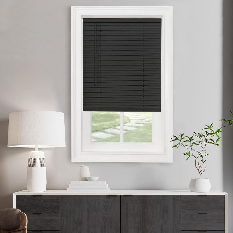 Photo 1 of Achim Cordless Light Filtering Mini Blinds for Windows, Horizontal Vinyl Window Blinds, Shades for Indoor Windows, Inside Mount 1” GII Morningstar Collection, 35” W in x 64” H 35 x 64 in BLACK