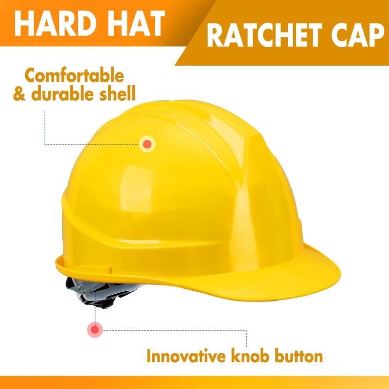 Photo 1 of Suspension Hard Hat Ratchet Cap Style Construction Hard Hat for Safety with Cotton Brow Pad, Vents, and Flexible Attachment Points Fully Adjustable (Yellow)