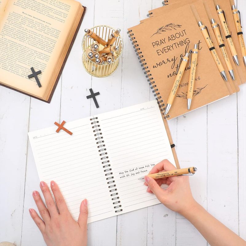 Photo 1 of 5 Pcs Christmas Religious Gifts A5 Spiral Notebook and Bible Bamboo Ballpoint Pen Prayer Journal Bulk Christian Party Favors God Scripture Notepad Church for Women Family(5.5 x 8.3'')