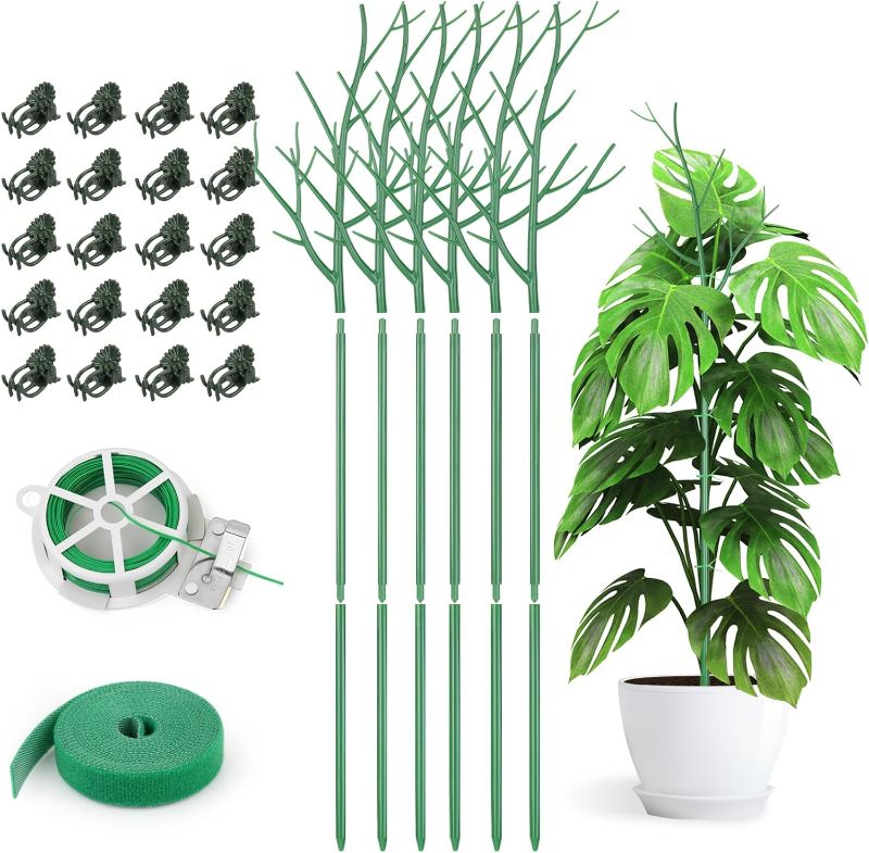 Photo 1 of 6 Pack Plant Support Stakes for Indoor Plants, 39.37 Inch Twig Plant Sticks with Orchid Clips Twist Ties and Plant Ties for House Potted Plants and Flower, Plastic Branches Support Structures, Green